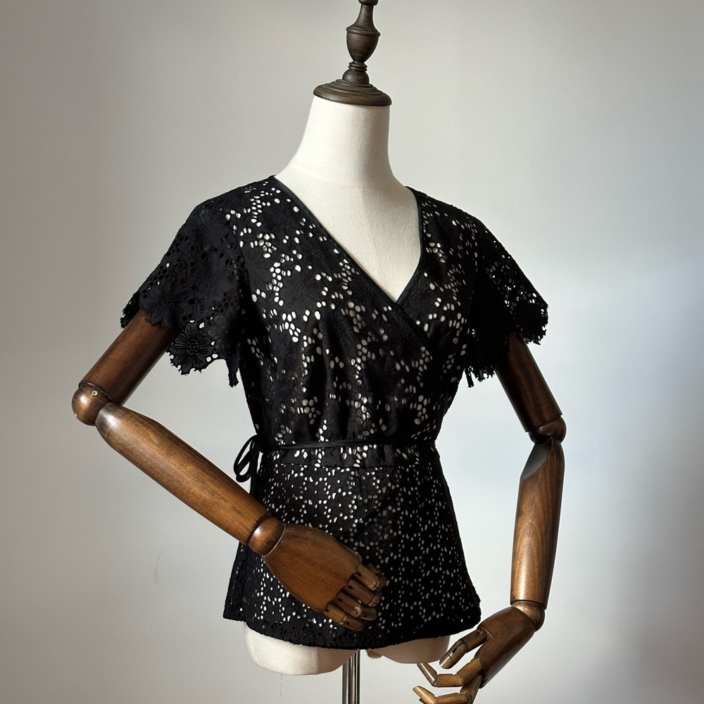 Black Cotton Eyelet Wrap Blouse Floral Openwork Top